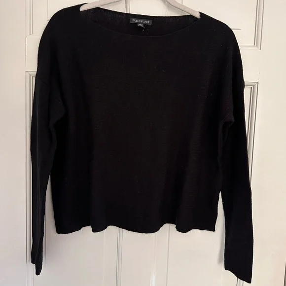 Eileen Fisher Black Cropped Merino Wool Sweater - Medium - Picture 1 of 12